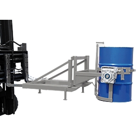 Fasskipper Bauer Typ FD/L, für 110-220 l Fässer, 360 kg, 270° Kippen, mit Handkurbel, Stapleraufnahme, mausgrau RAL 7005