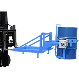 Fasskipper Bauer Typ FD/L, für 110 bis 220 l Fässer, 360 kg, 270° Kippen, mit Handkurbel, Stapleraufnahme, lichtblau RAL 5012