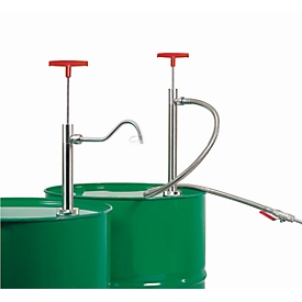 Fasspumpe, 0,56 l/Hub, Edelstahl, Eintauchtiefe 910 mm, 1,2 m PVC-Schlauch und Absperrhahn, für entzündbare Flüssigkeiten