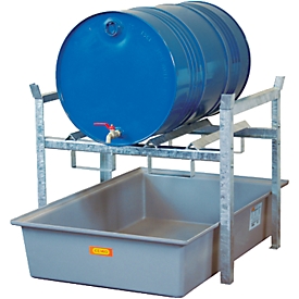 Fassregal TYP 400 Variante 1 CEMO, mit GFK-Auffangwanne, für 2 x 60 I Fässer oder 1 x 200 I Fass, m.  Fassauflage, L 990 x B 1280 x H 840 mm