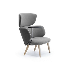 Fauteuil de salon Leyform, hauteur moyenne, avec tablette d'écriture, L 840 x P 710 x H 1 060 mm, tissu en laine mélangée/bois, gris foncé/frêne naturel