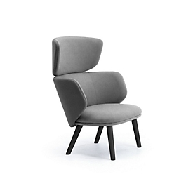 Fauteuil de salon Leyform, hauteur moyenne, L 840 x P 710 x H 1 060 mm, tissu en laine mélangée/bois, gris foncé/noir