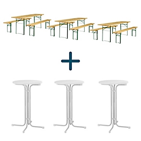 Feesttent set, 3-delig, bestaande uit 1 tafel en 2 banken, extra groot, 3 sets + 3 x hoge tafel Quickstep