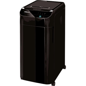 Fellowes Aktenvernichter AutoMax 450C, Vollautomatik, Partikelschnitt 4 x 38 mm, P-4, 68 l, 450 Blatt Schnittleistung, mobil, schwarz