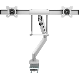 Fellowes® Eppa™ monitor arm, voor 2 beeldschermen tot 32" & tot 8 kg elk, in hoogte verstelbaar/zwenk/kantel, dwarsbalk ontwerp, kabelgeleider, tafelklem, zilver