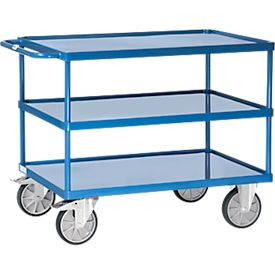 Fetra 2420W tafelwagen, tot 500 kg, 3 etages met bakjes, laadvlak L 850 x B 500 mm, TPE-banden, duwbeugel, staal, glanzend blauw
