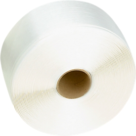Feuillard de cerclage Banholzer et Wenz, charge de rupture 4500 N, épaisseur du système 6300 N, L 850 m x l 16 mm, polyester, blanc, 2 rouleaux