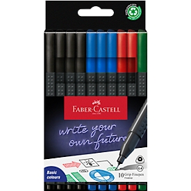 Fineliner FABER-CASTELL Grip, line width 0.4 mm, ergonomic grip zone, for right- &amp; left-handers, washable, office colors, 10 pieces in cardboard box