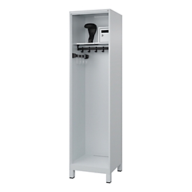 Firefighter locker C+P Evolo Flexo, 1 compartment, helmet holder, with feet, W 500 x D 500 x H 1950 mm, RAL 7035 light gray