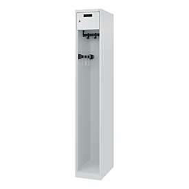 Firefighter locker C+P Evolo PRAKTUS, 1 compartment, with plinth, floor gliders, W 300 x D 500 x H 1850 mm, RAL 7035 light gray