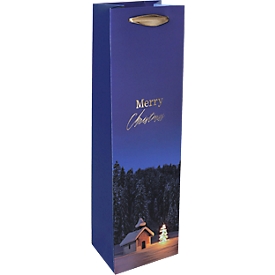 Flaschentasche Sigel Christmas Chapel, Weihnachts-Motiv, Bodeneinlage, Seidenbandgriffe, B 100 x T 80 x H 350 mm, Weisskarton/Kunststoff, blau, 1 Stück