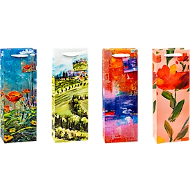 Flaschentaschen Set TSI Fine Arts, 12-teilig, 4 verschiedene Motive, Tragekordel, Beschriftungskärtchen, B 120 x T 80 x H 360 mm, PP-Folie, bunt