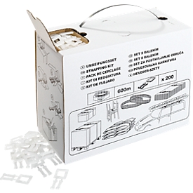Fleje de plástico 600 m 12,0 x 0,55 mm + 200 hebillas en caja dispensadora de cartón