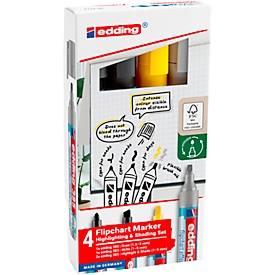 Flipchart effectmarkerset Edding 385, 4 stuks, schrijfkleur zwart, flexibele penseelpunt, lijndikte 1-5 mm, navulbaar