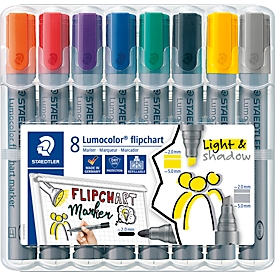 Flipchart marker Staedtler Lumocolor® 356, 6x ronde punt 2 mm, 2x wigvormige punt 2 of 5 mm, sneldrogend, met clip, geassorteerde kleuren, 8 stuks