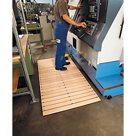 Floor grid, for indoor use, angular cut, anti-slip, oil &amp; chemical resistant, rubber feet, W 800 x L 1500 mm, beech wood.