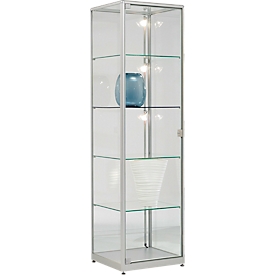 Floor-standing presentation showcase, hinged door, 4 shelves, aluminum frame, ESG glazing, W 500 x D 500 x H 1800 mm, silver