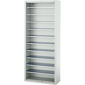Flügeltürenschrank C+P Serie 13, ohne Sichtlagerkästen, 10 Fachböden, abschließbar, B 700 x T 300 x H 1690 mm, Stahl, lichtgrau RAL 7035