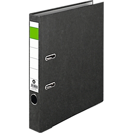 Folder green bar, A4, back width 50 mm, quality mechanism, grip hole &amp; glued back label, recycled hardboard black marbled, 1 pc.