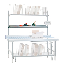 Forms tray for packing and work table Rocholz System 2000, height-adjustable, W 1630 x D 230 mm, sheet steel, light gray