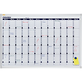 Franken Calendar X-tra!Line VO-12, yearly overview, magnetic, storage tray, W 900 x H 600 mm, steel &amp; aluminium, white