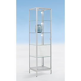 Free-standing display case BST, fire protection class B1, 5 compartments, lockable hinged door, W 500 x D 500 x H 1950 mm, aluminum/glass, silver