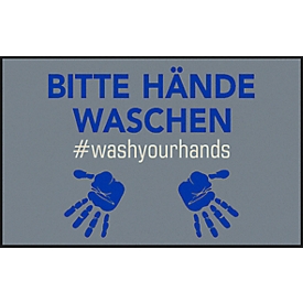Fußmatte Bitte Hände waschen, Polyamid, Rücken/Ränder aus Nitrilgummi, waschbar, L 750 x B 1200 mm, grau/blau