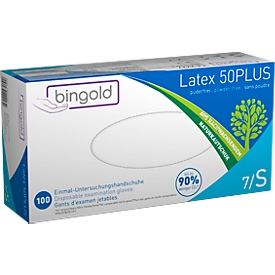 Gants de protection BINGOLD Latex 50PLUS, à usage unique, non poudrés et chlorés, latex, couleur naturelle, taille S, 100 pièces
