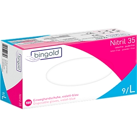 Gants de protection BINGOLD Nitrile 35, usage unique, bouts des doigts microtexturés, non poudrés, nitrile, bleu violet, taille L, 100 pièces