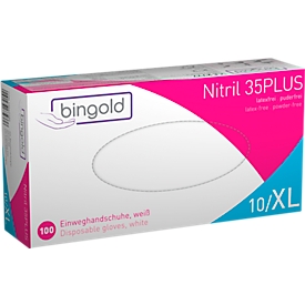 Gants de protection BINGOLD Nitrile 35PLUS, à usage unique, bouts des doigts microtexturés, non poudrés, nitrile, blanc, taille XL, 100 pièces