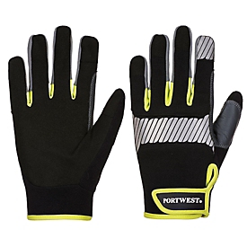 Gants de protection Portwest PW3, EN 388:2016+A1:2018/EN ISO 21420:2020, bande réfléchissante, compatible avec les écrans tactiles, PU/TPR/polyester/nylon, noir-jaune, S, 1 paire