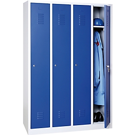 Garderobekast, 4 deuren, B 1170 x H 1800 mm, cilinderslot, lichtgrijs/gentiaanblauw