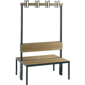 Garderobenbank Basic Plus, 2-seitig, Rückenlehne, ohne Schuhrost, Fussgestell schwarzgrau RAL 7021, B 1000 mm, Dekor Eiche Ser.