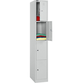 Garderobenspind, 1 x 4 Abteile, 4-türig, 3 Einlegeböden, B 300 x T 457 x H 1800 mm, Qualitätsfeinblech, abschliessbar