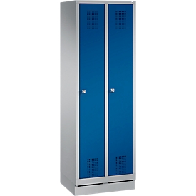 Garderobenspind Evolo S 3000, mit Sockel, 2 Abteile, Zylinderschloss, weißaluminium RAL 9006/enzianblau RAL 5010