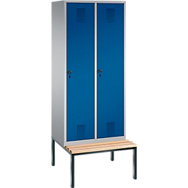 Garderobenspind Evolo S 3000, Stahl, m. untergeb. Sitzbank, 2 Abteile m. jew. B 400 mm, Sicherheitsdrehriegelverschluss, weißaluminium RAL 9006/enzianblau RAL 5010