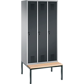 Garderobenspind Evolo S 3000, Stahl, m. untergeb. Sitzbank, 3 Abteile m. jew. B 300 mm, Sicherheitsdrehriegelverschluss, weißaluminium RAL 9006/anthrazit RAL 7016