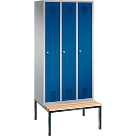 Garderobenspind Evolo S 3000, Stahl, m. untergeb. Sitzbank, 3 Abteile m. jew. B 300 mm, Zylinderschloss, weißaluminium RAL 9006/enzianblau RAL 5010
