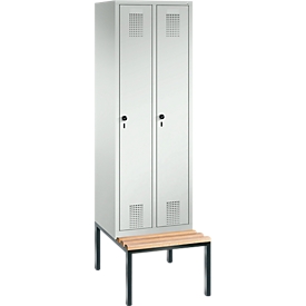 Garderobenspind Evolo S 3000, Stahl, m. untergebauter Sitzbank, 2 Abteile m. jew. B 300 mm, Sicherheitsdrehriegelverschluss, lichtgrau RAL 7035/lichtgrau RAL 7035