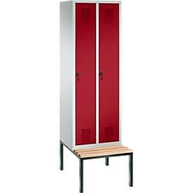 Garderobenspind Evolo S 3000, Stahl, m. untergebauter Sitzbank, 2 Abteile m. jew. B 300 mm, Sicherheitsdrehriegelverschluss, lichtgrau RAL 7035/rubinrot RAL 3003