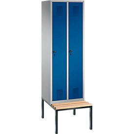 Garderobenspind Evolo S 3000, Stahl, m. untergebauter Sitzbank, 2 Abteile m. jew. B 300 mm, Sicherheitsdrehriegelverschluss, weißaluminium RAL 9006/enzianblau RAL 5010