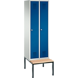 Garderobenspind Evolo S 3000, Stahl, m. untergebauter Sitzbank, 2 Abteile m. jew. B 300 mm, Zylinderschloss, lichtgrau RAL 7035/enzianblau RAL 5010