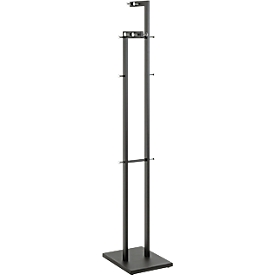 Garderobenständer HAKU, 14 Knöpfe mit jeweils 5 kg Tragkraft, Fußplatte, B 420 x T 300 x H 1750 mm, Stahlrohr pulverbeschichtet/Metall, chrom-schwarz