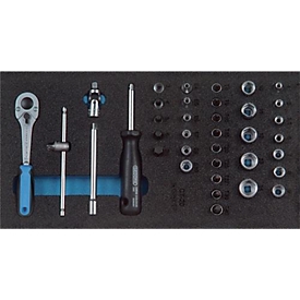 Gedore Werkzeugeinlage 1500 CT1-20, 1/3 Modul, inkl. Steckschlüsselsortiment, 37-tlg., B 157,5 x T 310 x H 35 mm, Schaumstoff, schwarz/blau