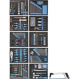 Gedore Werkzeugeinlage TS-308, 2/3 Modul, inkl. Werkzeugsortiment, 308-tlg., B 157,5 x T 310 x H 35 mm, Schaumstoff, schwarz/blau