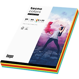 Gekleurd kopieerpapier tecno kleuren, DIN A4, 80 g/m², intensief, 5 x 20 vellen in kleur gesorteerd, 1 pakje = 100 vellen