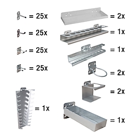 Gereedschaphouderset ADB, 110-delig, voor geperforeerde panelen met vierkante gaten 10 x 10 mm &amp; gatenafstand 38 mm, gepoedercoat staal, blank aluminium RAL 9006