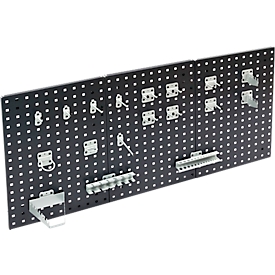 Gereedschaphouderset ADB, 18-delig, voor geperforeerde panelen met vierkante gaten 10 x 10 mm &amp; gatenafstand 38 mm, gepoedercoat staal, blank aluminium RAL 9006