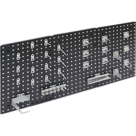Gereedschaphouderset ADB, 28-delig, voor geperforeerde panelen met vierkante gaten 10 x 10 mm &amp; gatenafstand 38 mm, gepoedercoat staal, blank aluminium RAL 9006