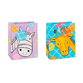 Geschenktas dierenmotief zebra/giraffe, A5-formaat, met draagriem &amp; label, B 180 x D 100 x H 230 mm, PP-folie, paars-blauw, 12 geassorteerde stuks